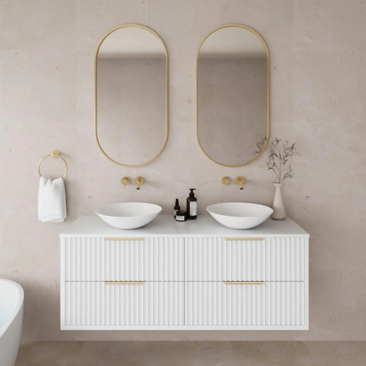 Fluted Wall Hung Vanity Rome Curved 1500mm Double Bowl Waterproof Wall Hung Carrara White Stone top Gun Metal Handles