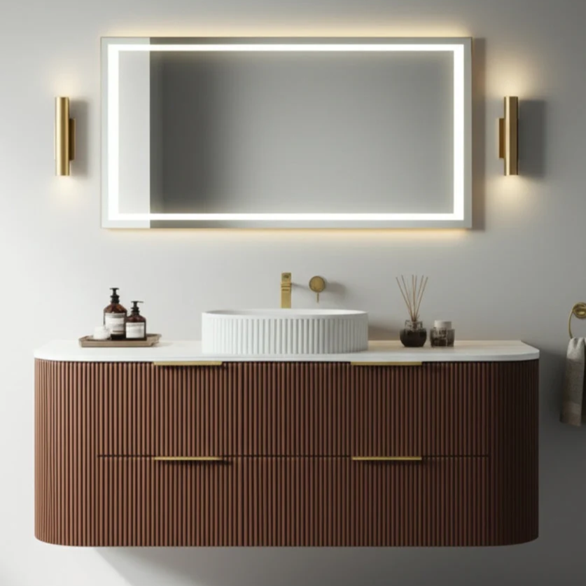 Bathroom vanity with a large illuminated mirror above it, featuring a wooden cabinet and white countertop.