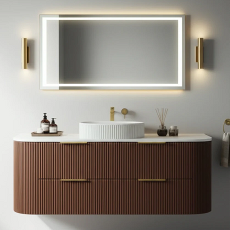 Bathroom vanity with a large illuminated mirror above it, featuring a wooden cabinet and white countertop.