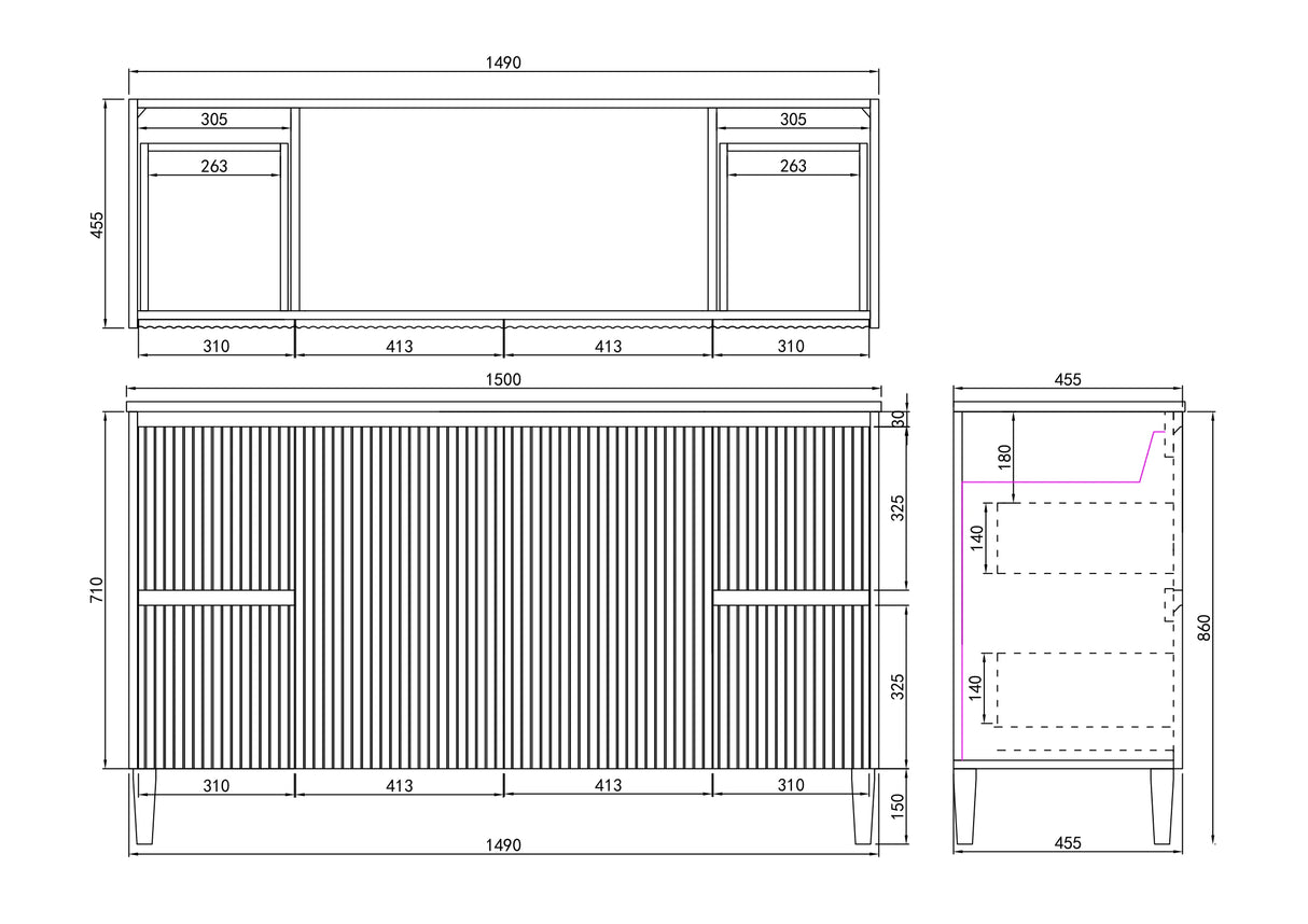 Fluted Freestanding Vanity Brighton 1500mm Double Bowl Matte White PVC Waterproof Carrara Dimond Sintered Top 50mm