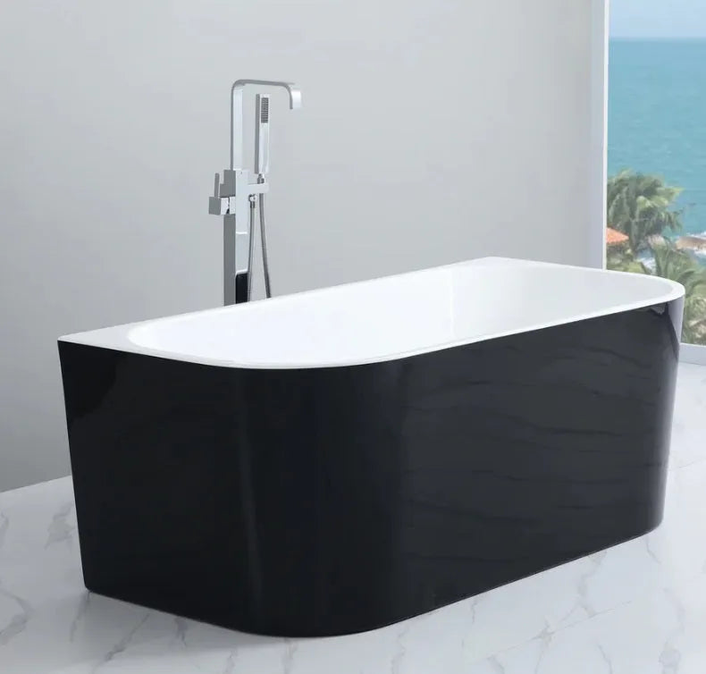 Elivia Back to Wall Freestanding Bathtub Gloss Black And White - RJ Bathroom
