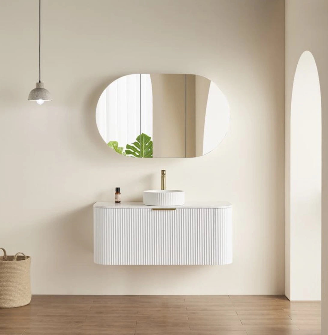 Olivia Pill Oval PVC Mirror Shaving Cabinet Matte White 1200x750mm