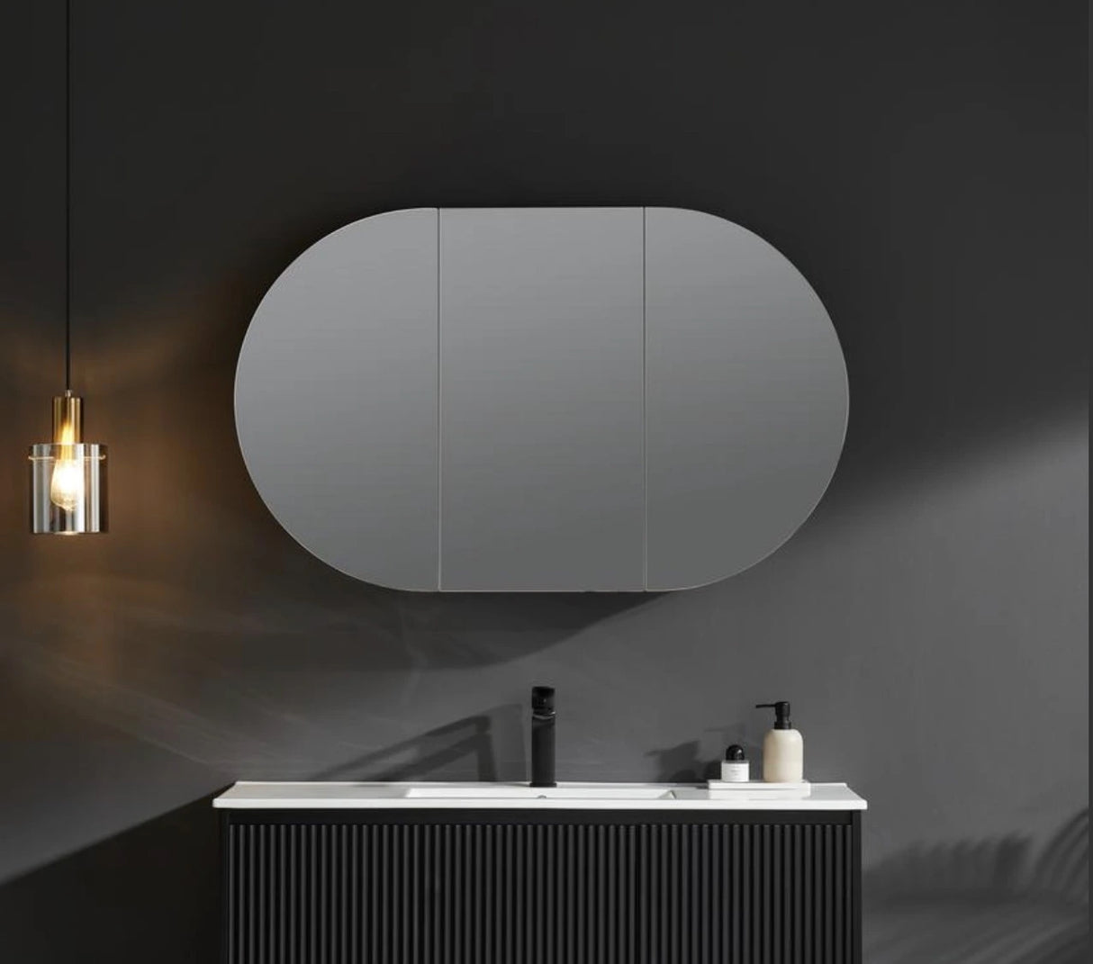Olivia Pill Oval PVC Mirror Shaving Cabinet Matte Black 1200x750mm