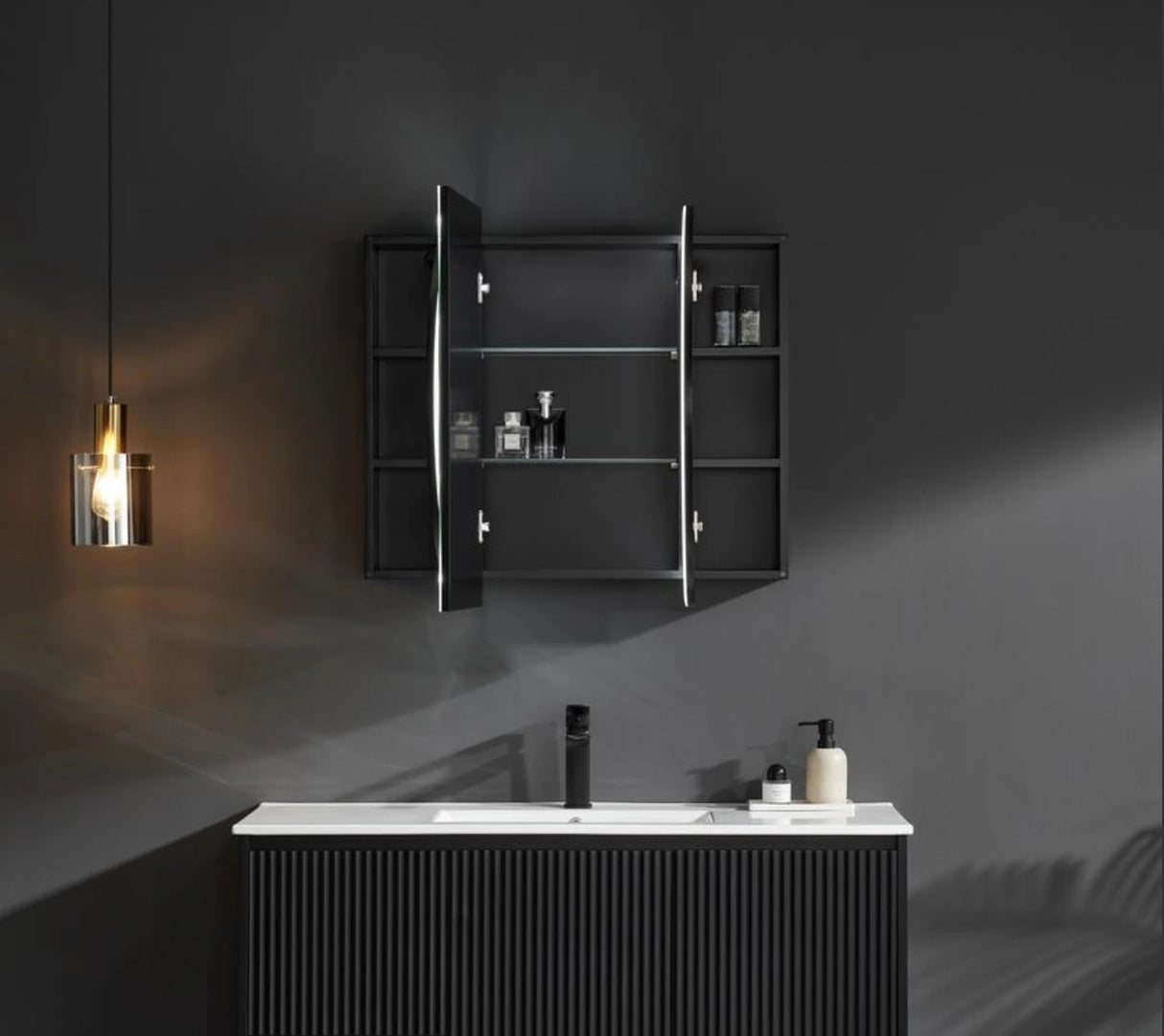 Olivia Pill Oval PVC Mirror Shaving Cabinet Matte Black 1200x750mm