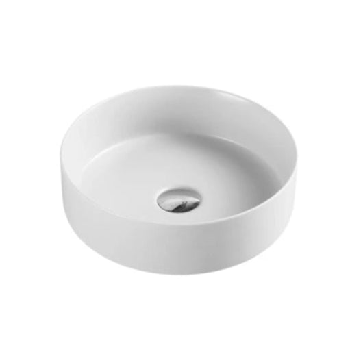 A round, matte white finish above counter basin without a tap hole or overflow.