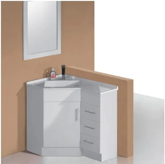 Corner Vanity 600x900mm Gloss White With Polymarble Basin Top - RJ Bathroom