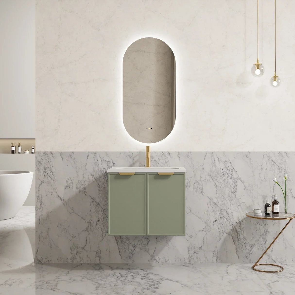 Modern bathroom with a vanity unit, mirror, and bathtub.