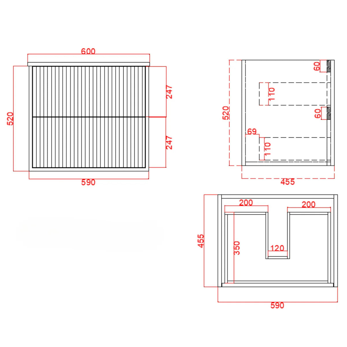 Fluted Curve Wall Hung Vanity Rome 600mm Matte White Waterproof Stone top