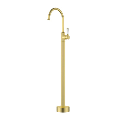 Ikon Clasico Hampton Brushed Gold Freestanding Gooseneck Bath Mixer - Ceramic Handle