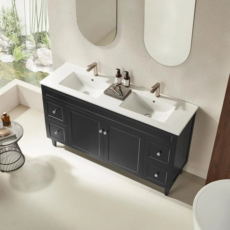Harrington Hampton Shaker 1500mm Matte Black Double Bowl PVC Waterproof Freestanding Bathroom Vanity Stone Top