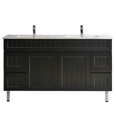 Acacia Hampton 1500mm Matte Black PVC Vanity | Double Bowl | Carrara Stone Top