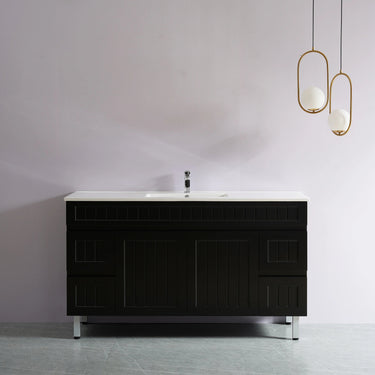 Acacia 1500mm Hampton Shaker freestanding vanity in matte black with a luxurious Carrara sintered stone top