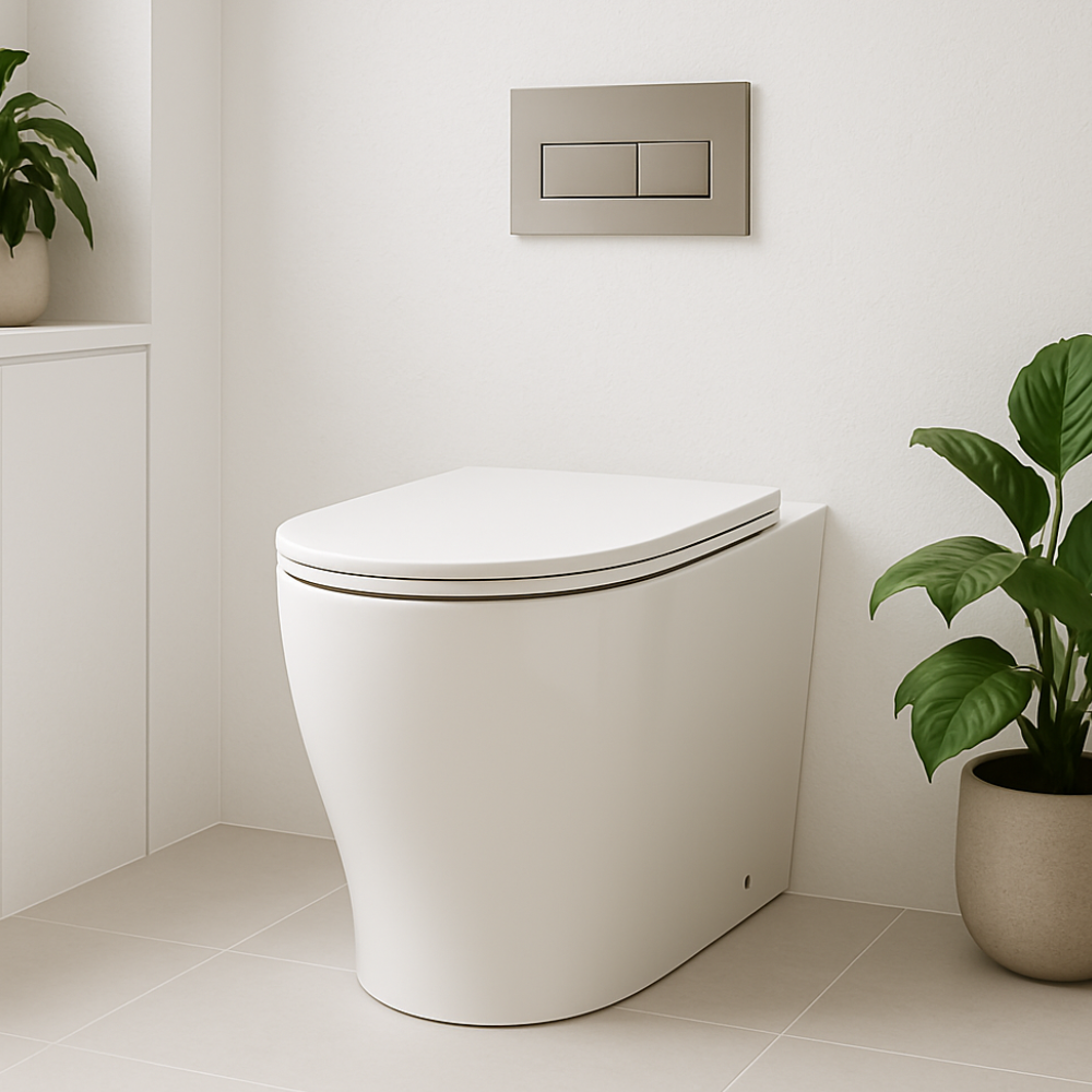 Modern white toilet in a bathroom with a plant and cabinet.