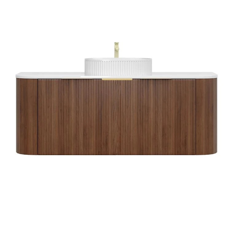Timber Fluted Curved Walnut Artis 1200mm Single Bowl Waterproof Wall Hung Vanity Stone top
