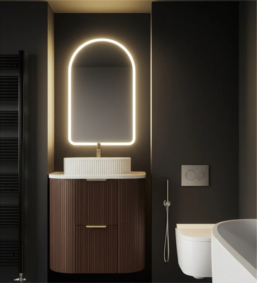 Timber Walnut Artis 600mm Fluted Curved Waterproof Wall Hung Vanity Carrara Gold Stone top