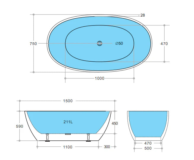 Matte Black Freestanding Bathtub 1500/1700mm Stella Oval Round