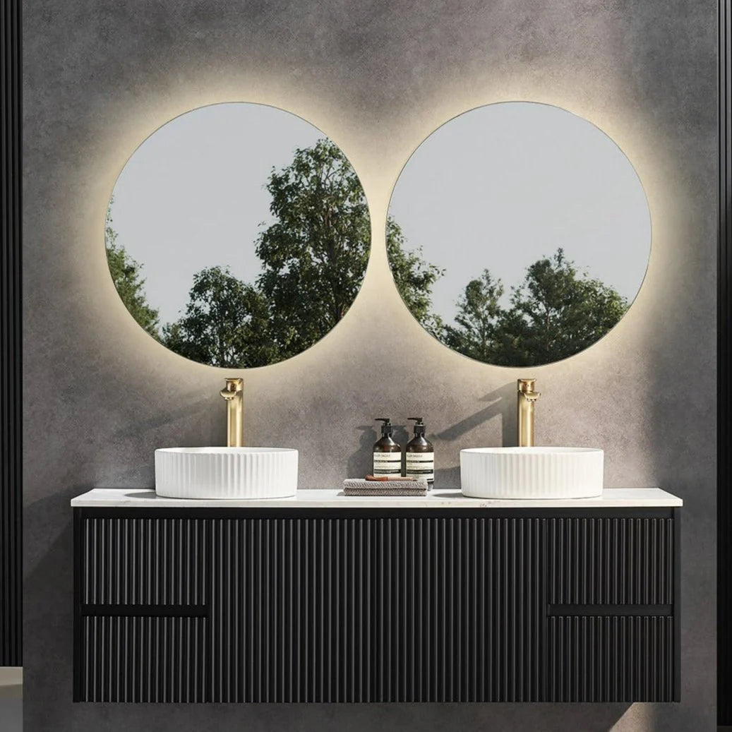 Fluted Wall Hung Vanity Brindabella 1500mm Double Bowl Matte Black Waterproof Carrara White Stone top