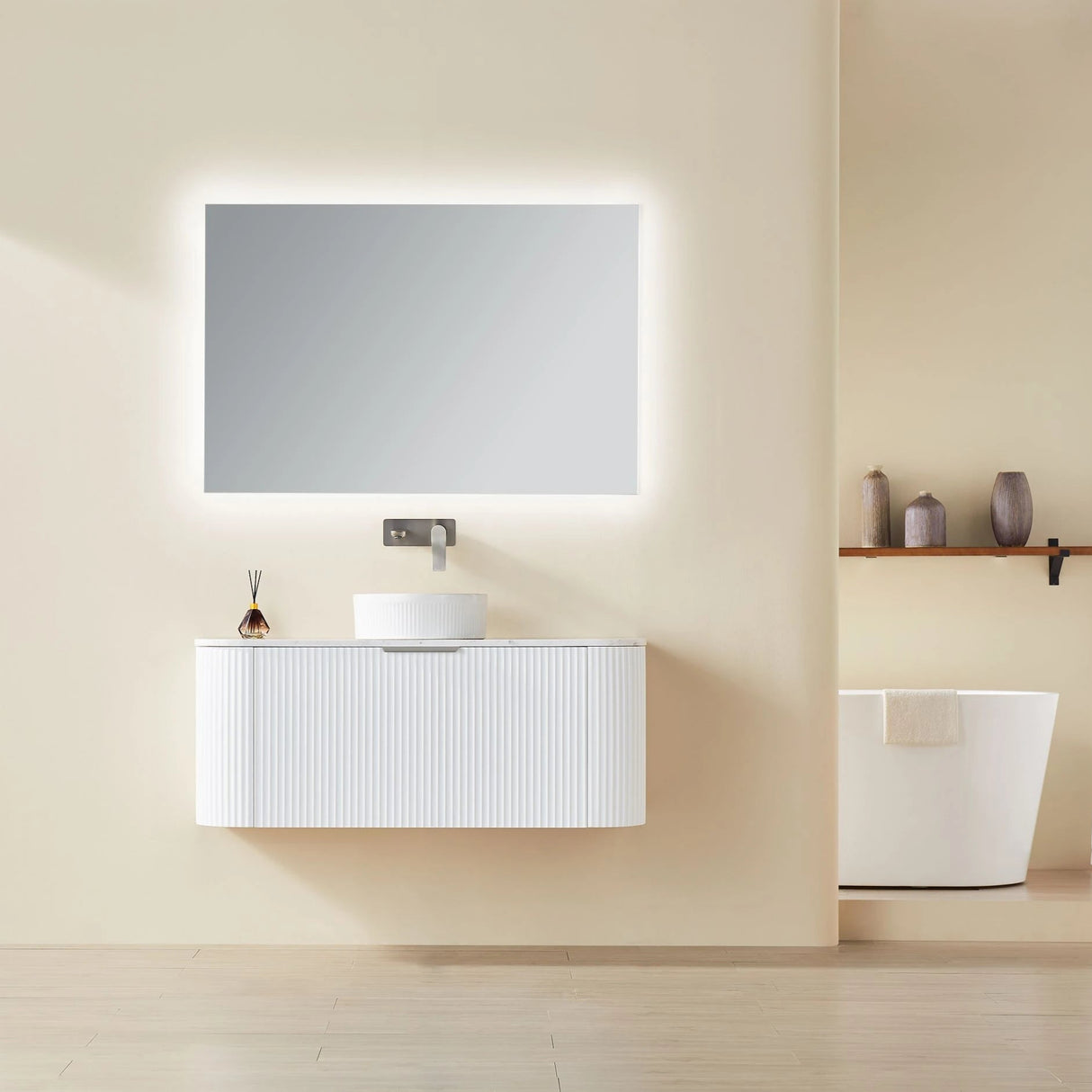 Avalon 1200mm Fluted Curved Wall Hung Carrara White Stone top