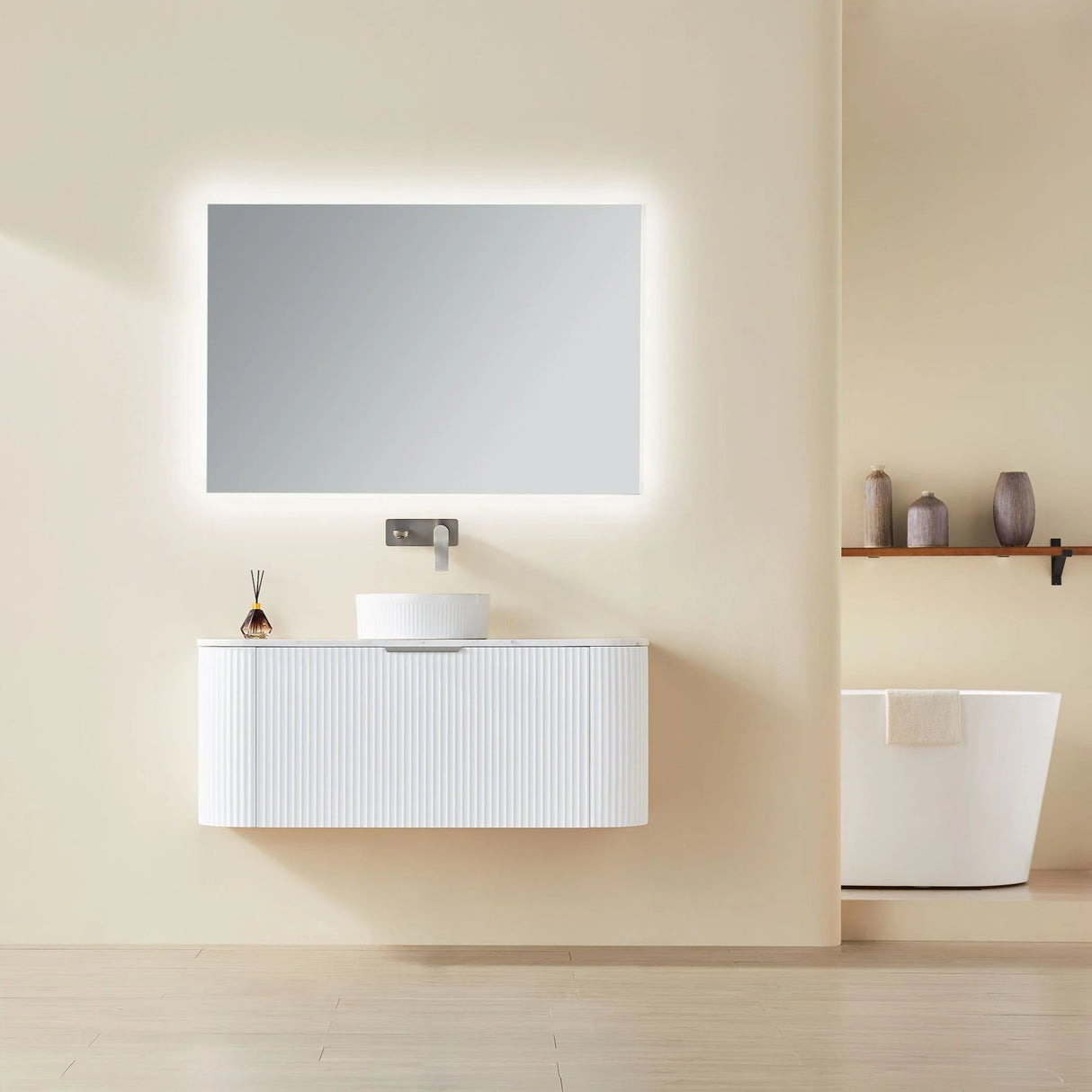 Avalon 900mm Fluted Curved Wall Hung Matte White Vanity Nero Marquina Stone top