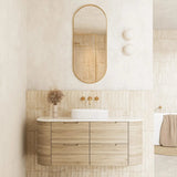 Timber Look Nature Oak Curved Calvo 1500mm Plywood Single Bowl Wall Hung Vanity Carrara Stone top