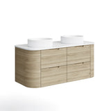 Timber Look Nature Oak Curved Calvo 1500mm Plywood Double Bowl Wall Hung Vanity Carrara Stone top