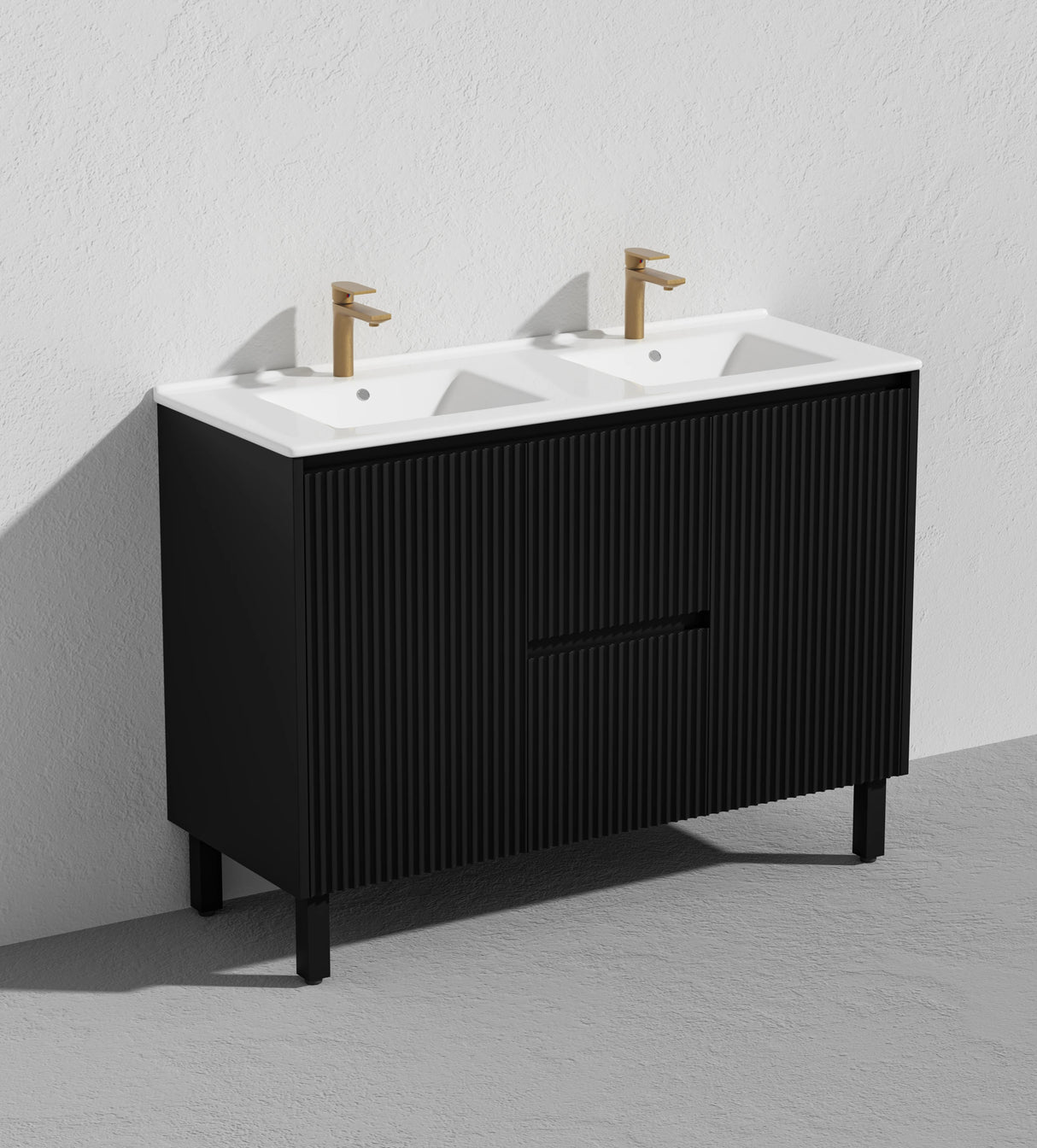 Fluted Freestanding Vanity Brighton 1200mm Double Bowl Matte Black PVC Waterproof Carrara Dimond Sintered Top 50mm