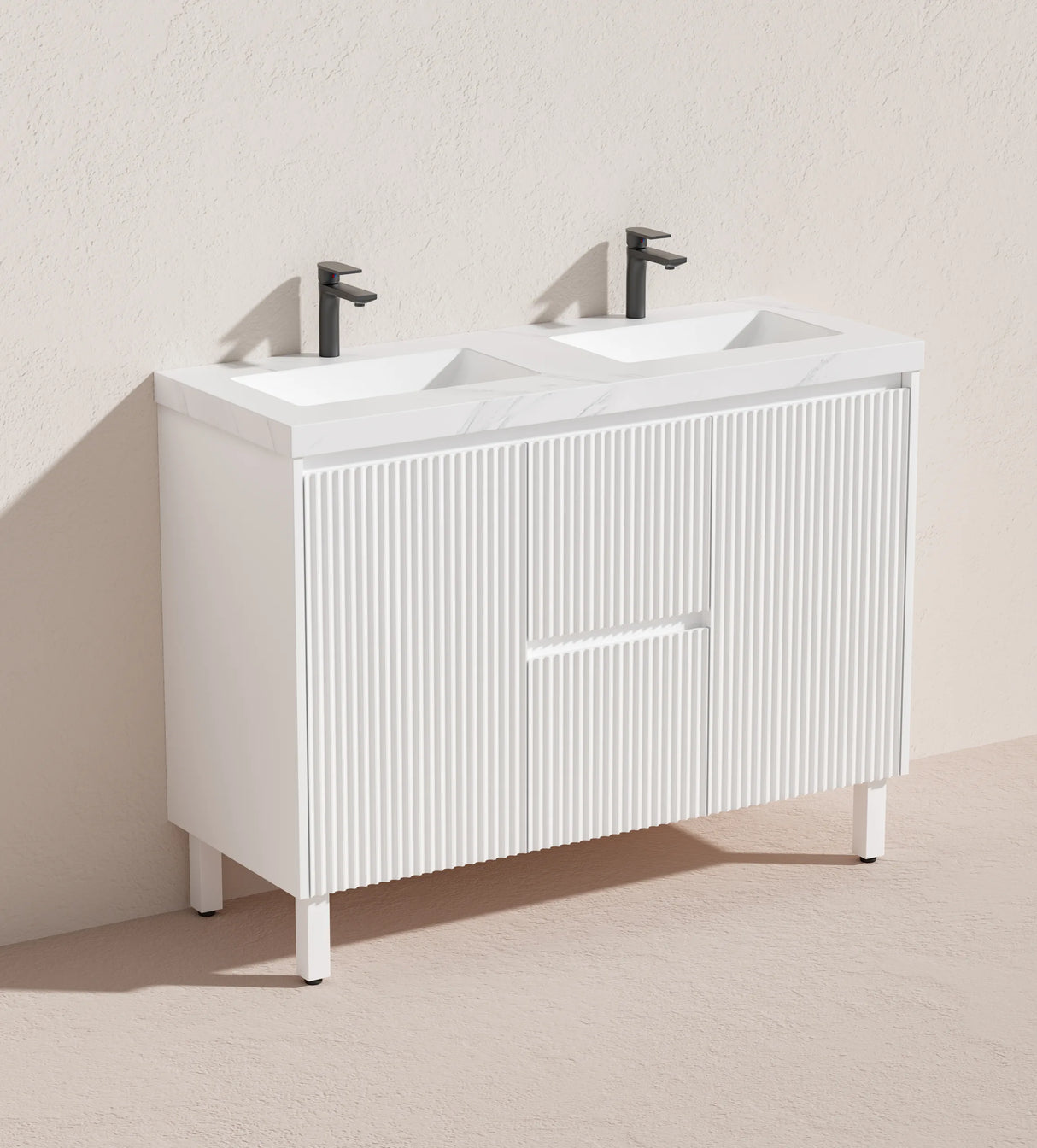 Fluted Freestanding Vanity Brighton 1200mm Double Bowl Matte White PVC Waterproof Carrara Dimond Sintered Top 50mm