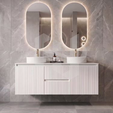 Fluted Matte White Wall Hung Vanity Brindabella 1200mm Double Bowl Waterproof Solid Surface Stone