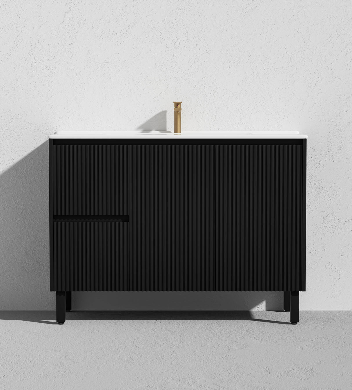 Fluted Freestanding Vanity Brighton 1200mm Matte Black Single Bowl PVC Waterproof Carrara Dimond Sintered Top 50mm