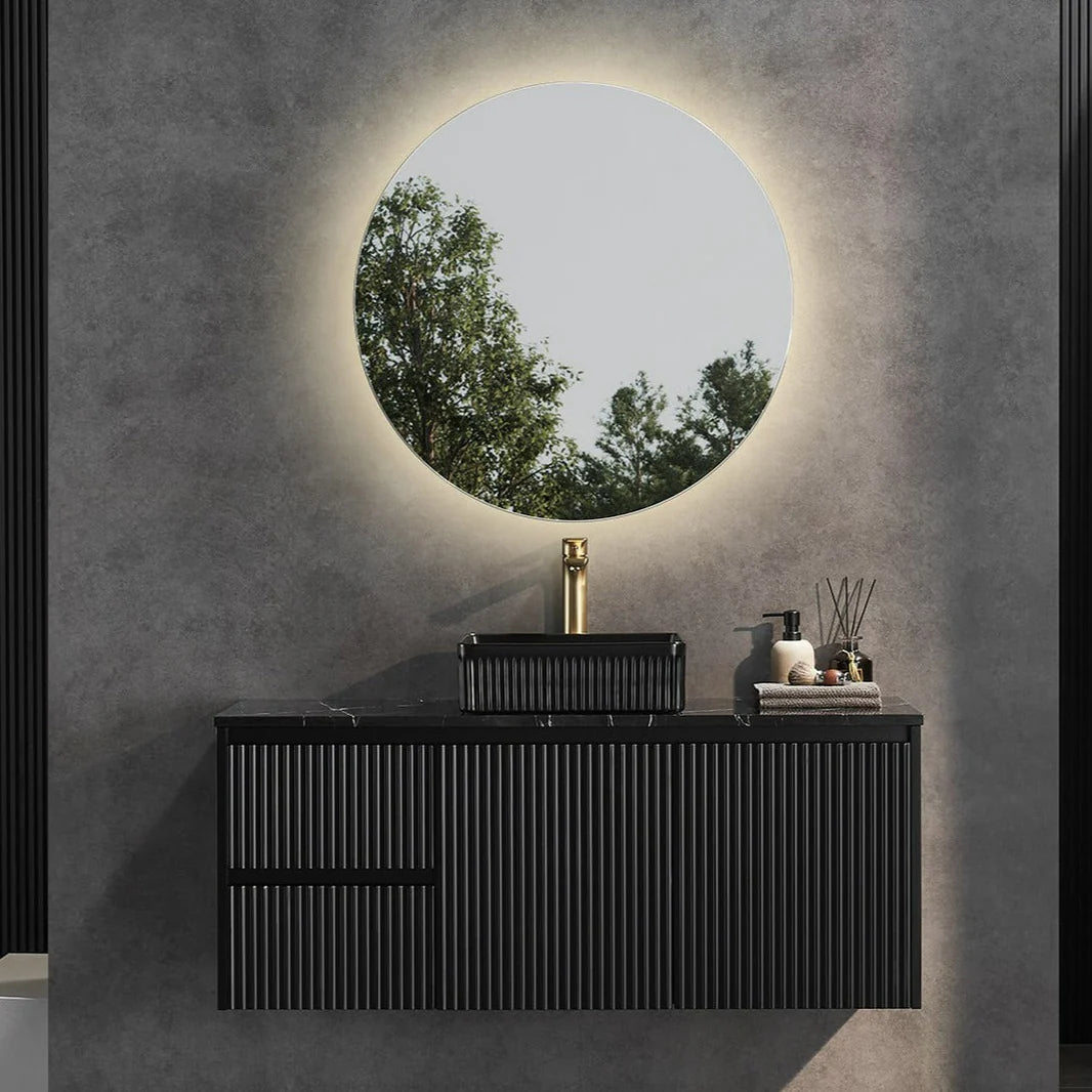 Fluted Wall Hung Vanity Brindabella 1200mm Single Bowl Matte Black Waterproof Solid Surface Stone top