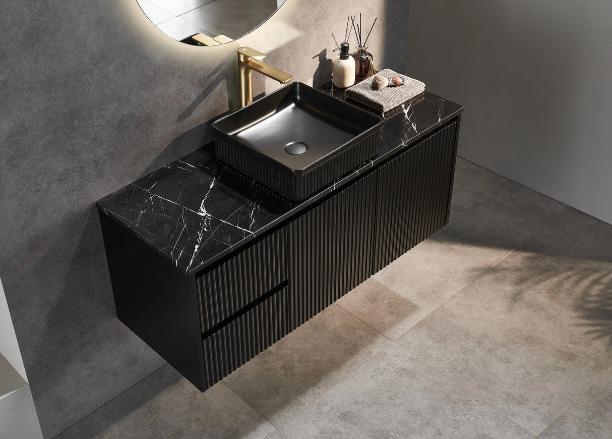 Fluted Wall Hung Vanity Brindabella 1200mm Single Bowl Matte Black Waterproof Solid Surface Stone top