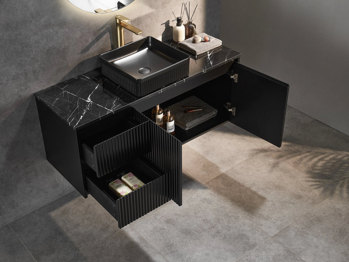 Fluted Wall Hung Vanity Brindabella 1200mm Single Bowl Matte Black Waterproof Solid Surface Stone top