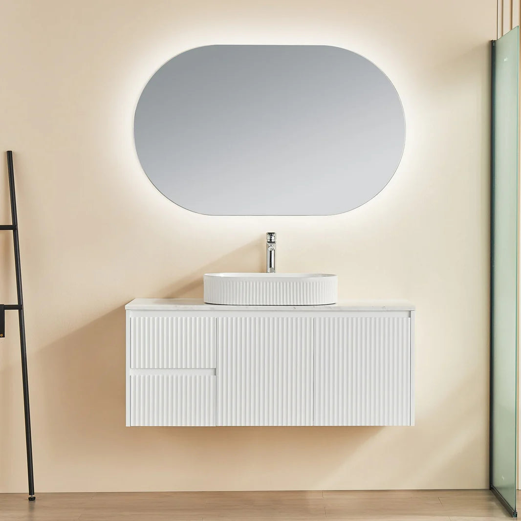 Fluted Wall Hung Vanity Brindabella 1200mm Single Bowl Matte White Waterproof Solid Surface Stone top