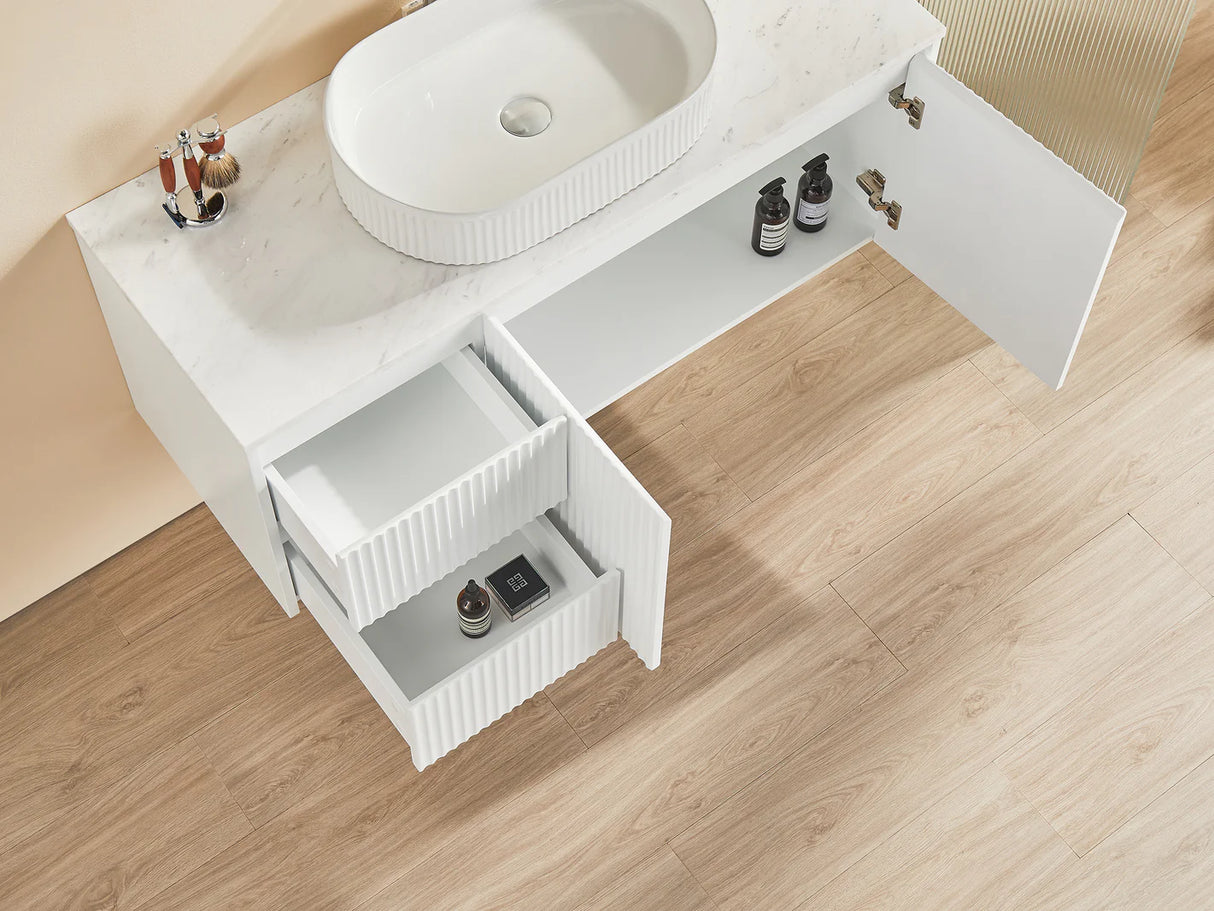 Fluted Wall Hung Vanity Brindabella 1200mm Single Bowl Matte White Waterproof Solid Surface Stone top