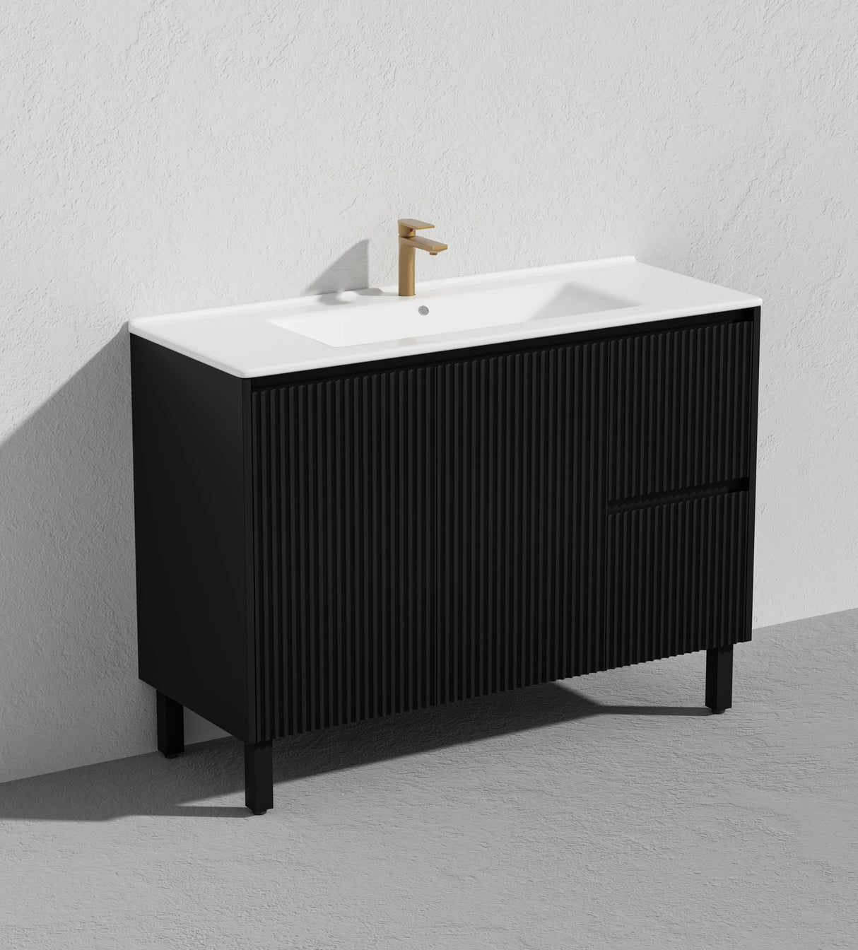 Fluted Freestanding Vanity Brighton 1200mm Matte Black Single Bowl PVC Waterproof Carrara Dimond Sintered Top 50mm