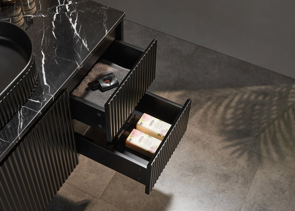 Fluted Wall Hung Vanity Brindabella 1500mm Double Bowl Matte Black Waterproof Carrara White Stone top