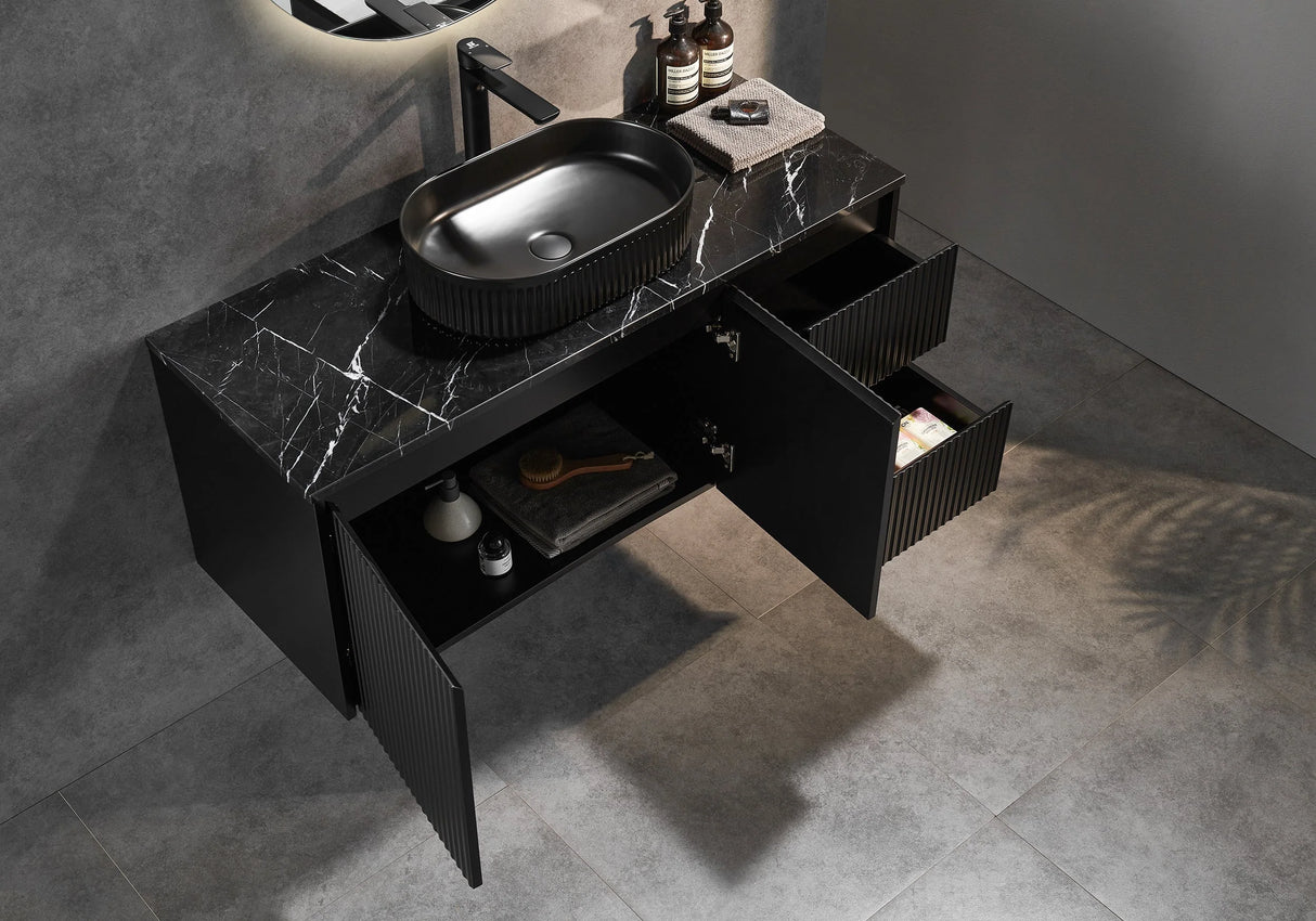 Fluted Wall Hung Vanity Brindabella 1200mm Single Bowl Matte Black Waterproof Solid Surface Stone top