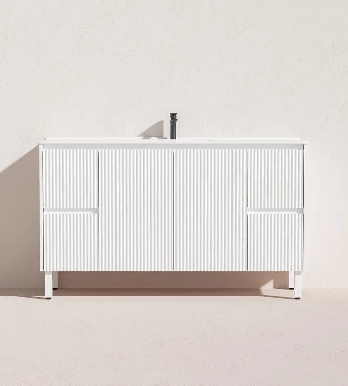 Fluted Freestanding Vanity Brighton 1500mm Single Bowl Matte White PVC Waterproof Carrara Dimond Sintered Top 50mm