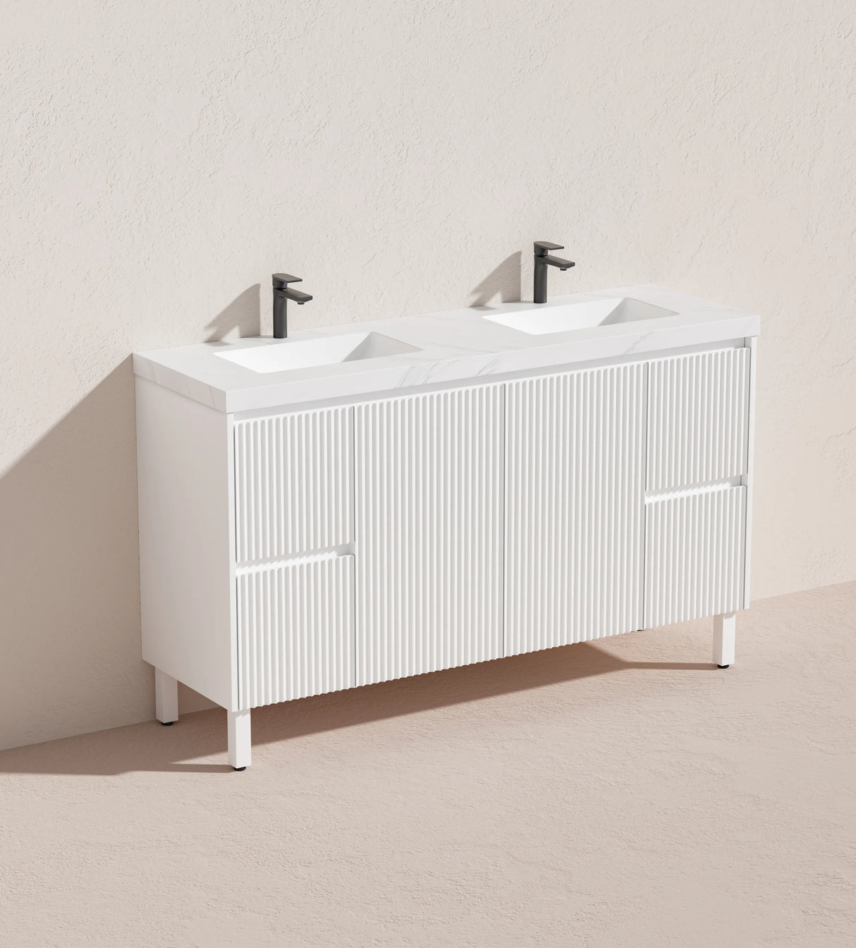 Fluted Freestanding Vanity Brighton 1500mm Double Bowl Matte White PVC Waterproof Carrara Dimond Sintered Top 50mm