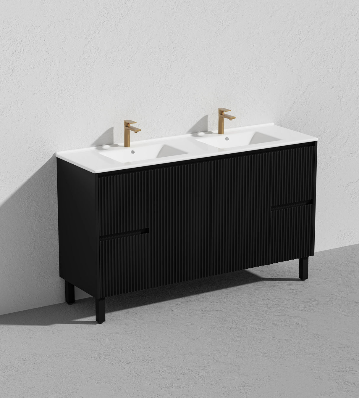 Fluted Freestanding Vanity Brighton 1500mm Double Bowl Matte Black PVC Waterproof Carrara Dimond Sintered Top 50mm