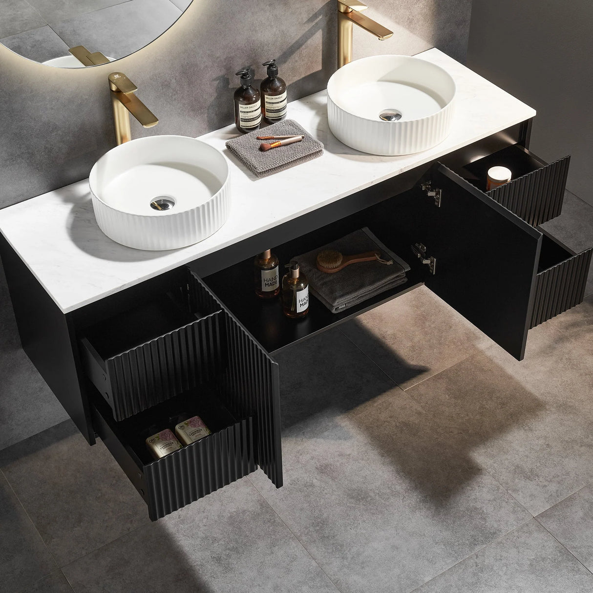 Fluted Wall Hung Vanity Brindabella 1500mm Double Bowl Matte Black Waterproof Carrara White Stone top