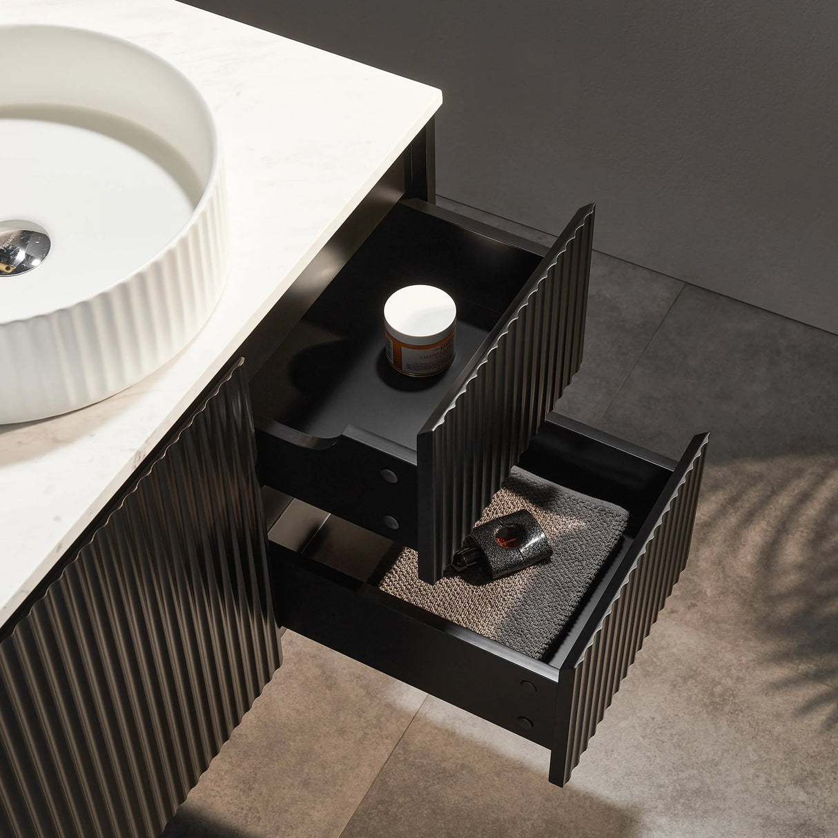 Fluted Wall Hung Vanity Brindabella 1500mm Double Bowl Matte Black Waterproof Carrara White Stone top