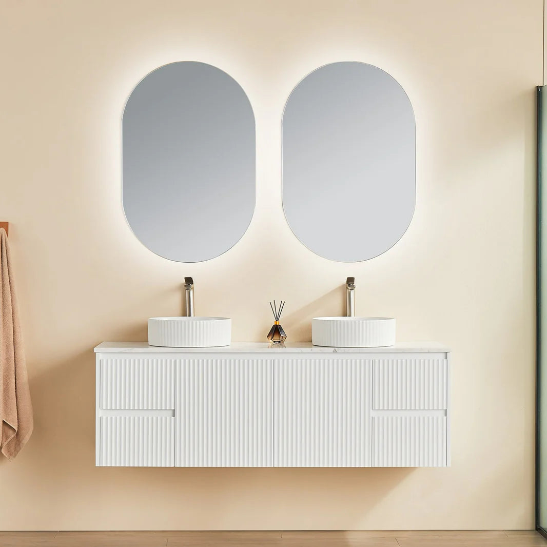 Fluted Wall Hung Vanity Brindabella 1500mm Double Bowl Matte White Waterproof Carrara White Stone top