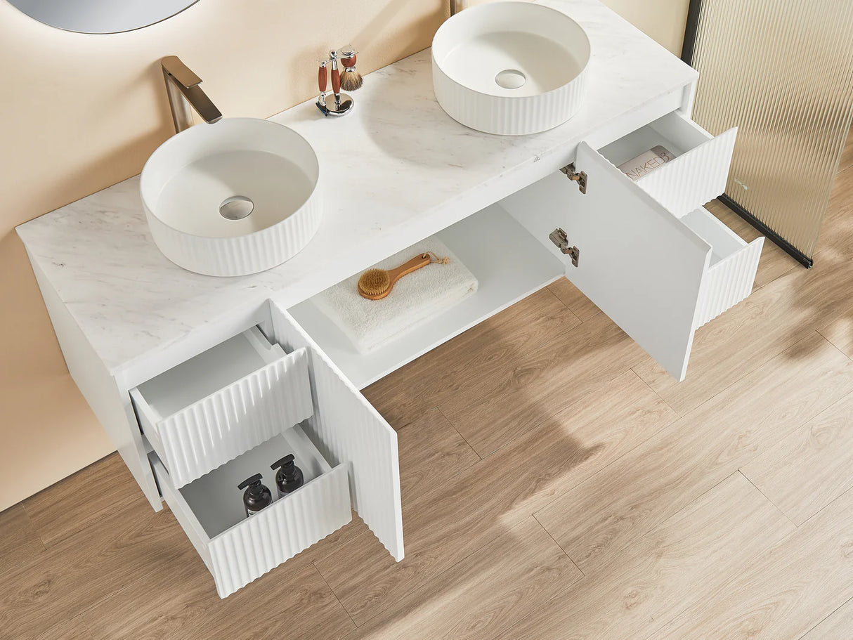 Fluted Wall Hung Vanity Brindabella 1500mm Double Bowl Matte White Waterproof Carrara White Stone top