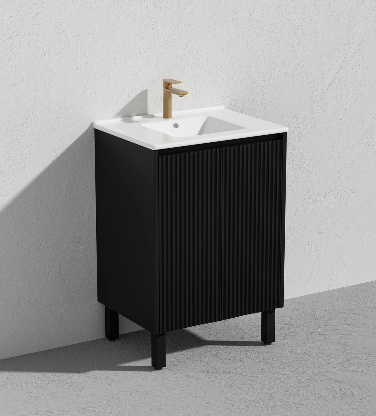 Fluted Freestanding Vanity Brighton 600mm Matte Black PVC Waterproof Carrara Dimond Sintered Top 50mm