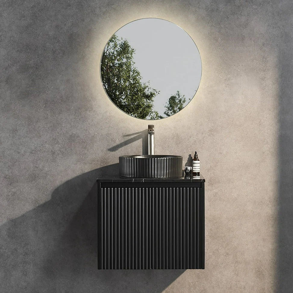 Fluted Wall Hung Vanity Brindabella 600mm Matte Black Waterproof Carrara Stone top