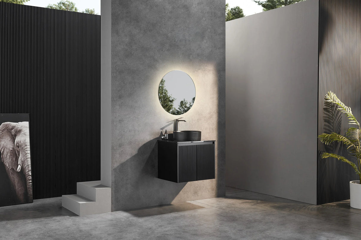 Fluted Wall Hung Vanity Brindabella 600mm Matte Black Waterproof Carrara Stone top