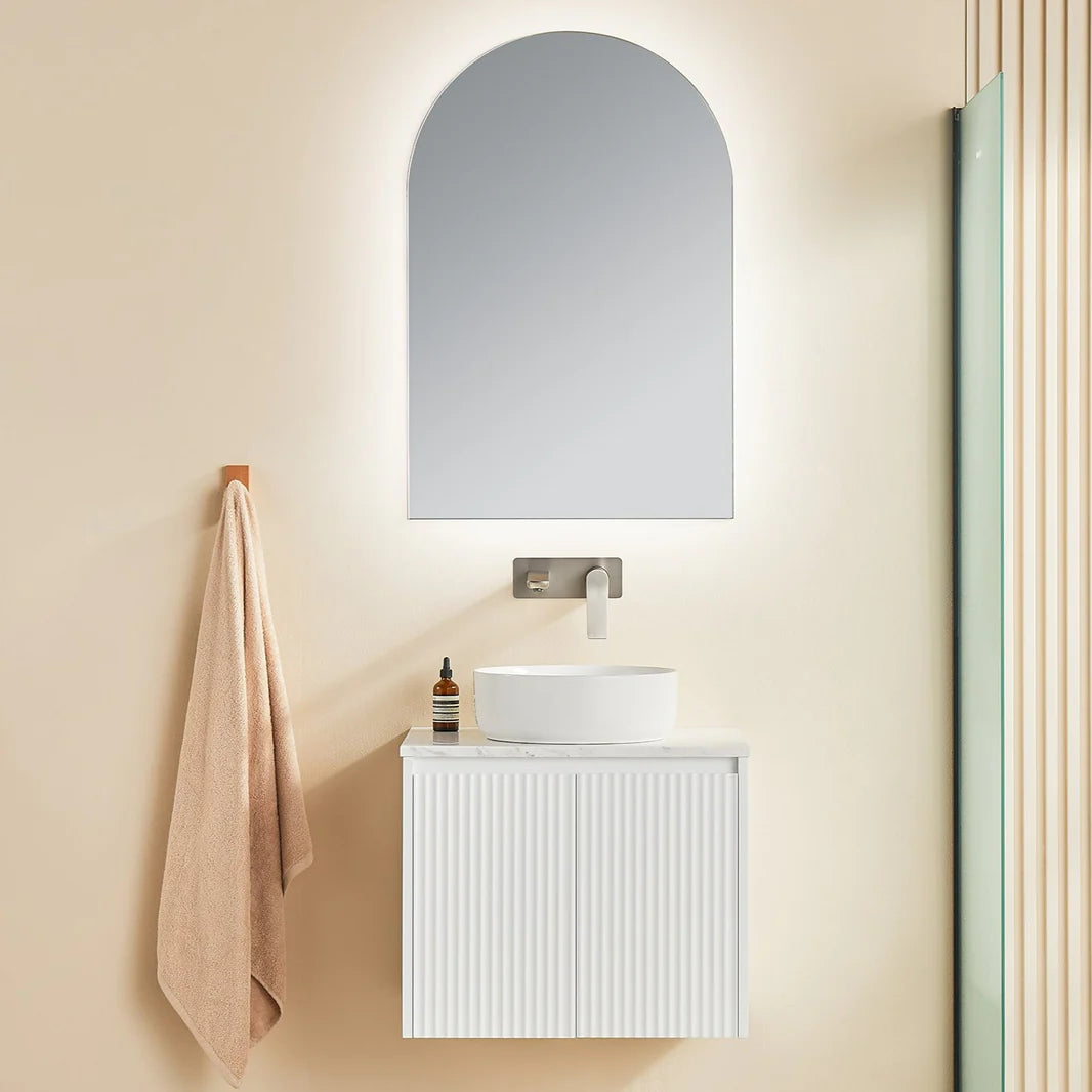 Fluted Wall Hung Vanity Brindabella 600mm Matte White Waterproof Mette White Solid Surface Stone top
