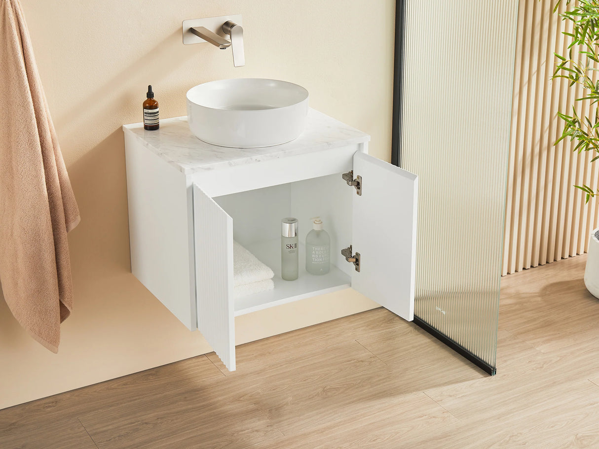 Fluted Wall Hung Vanity Brindabella 600mm Matte White Waterproof Mette White Solid Surface Stone top