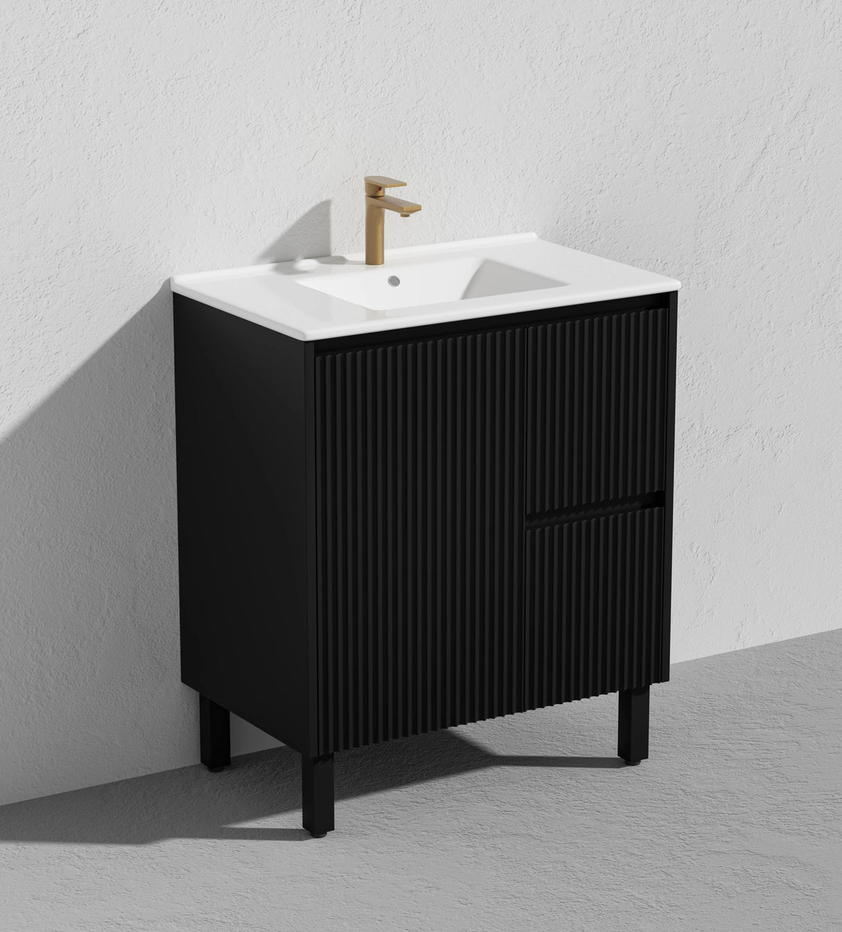 Fluted Freestanding Vanity Brighton 750mm Matte Black PVC Waterproof Carrara Dimond Sintered Top 50mm